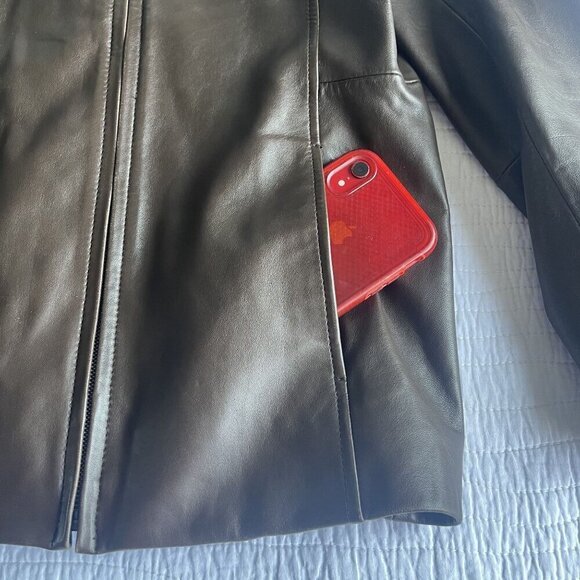Portrait Petite Medium Brown Leather Jacket Zip Front Lined Pockets NEW Office - Picture 7 of 11